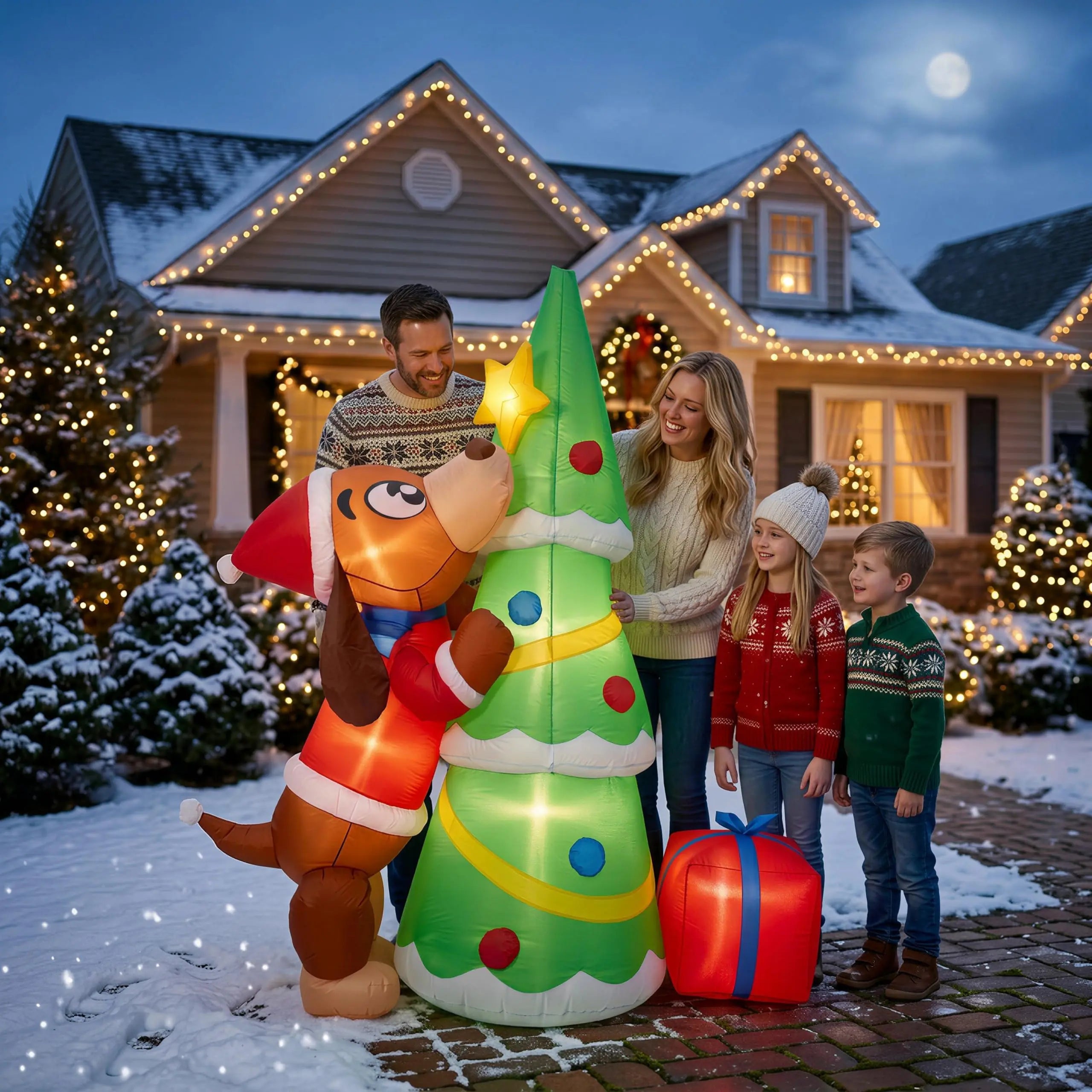 Giant Inflatable Christmas Dog with Tree — LED Light Outdoor Yard Decoration