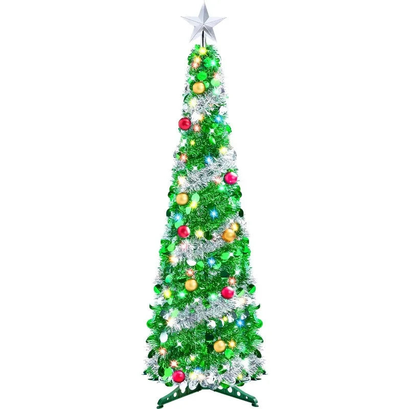 Joyfy 5 FT Tinsel Christmas Tree — Pre-Lit with Multicolor LED Lights