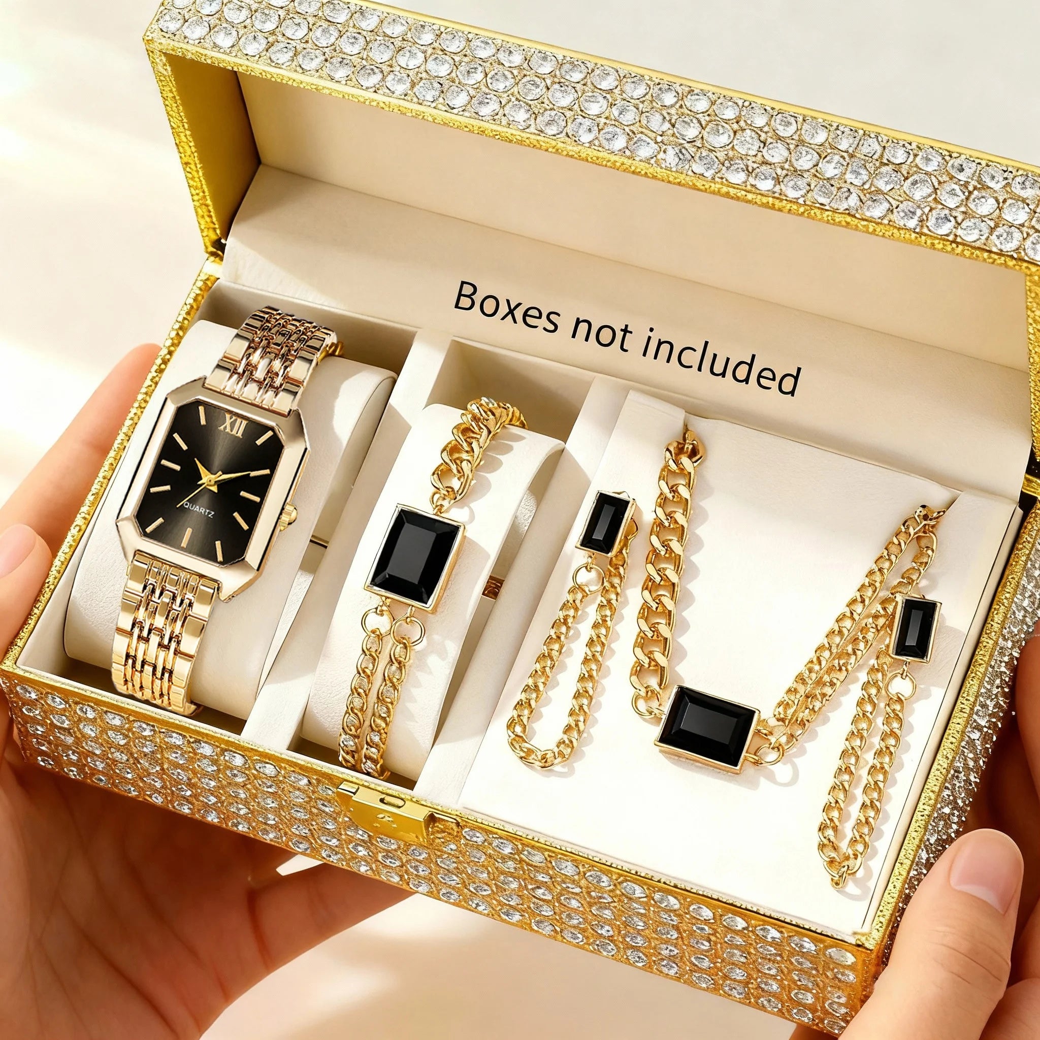 Elegant Rectangle Women's Quartz Watch Set — Fashionable Jewelry Accessory Kit