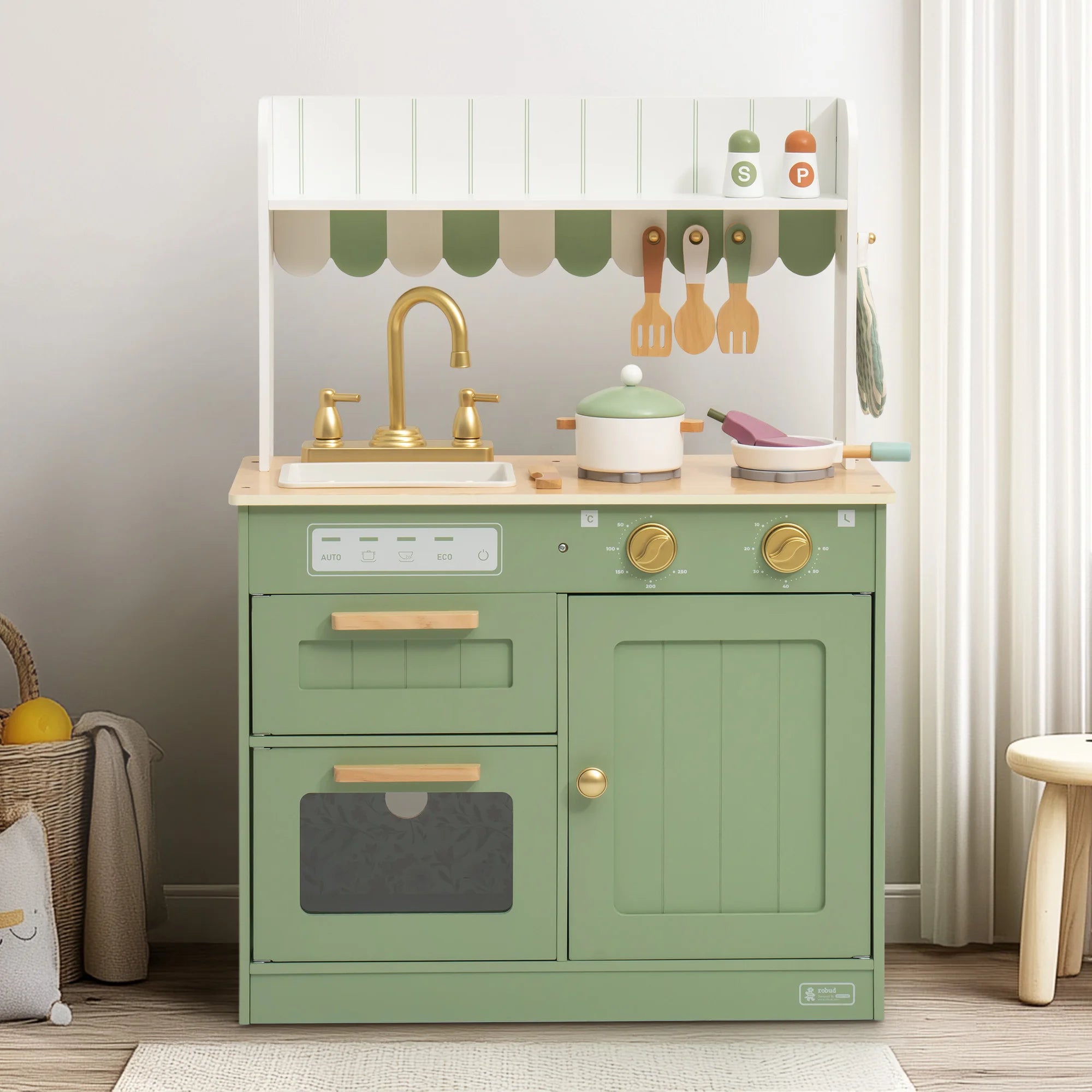 Robud Wooden Play Kitchen Set — Interactive Pretend Play Toy with Food