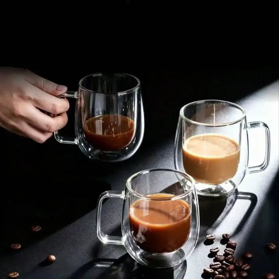 Double Wall Glass Coffee Mugs — Insulated Clear Drinkware with Handles