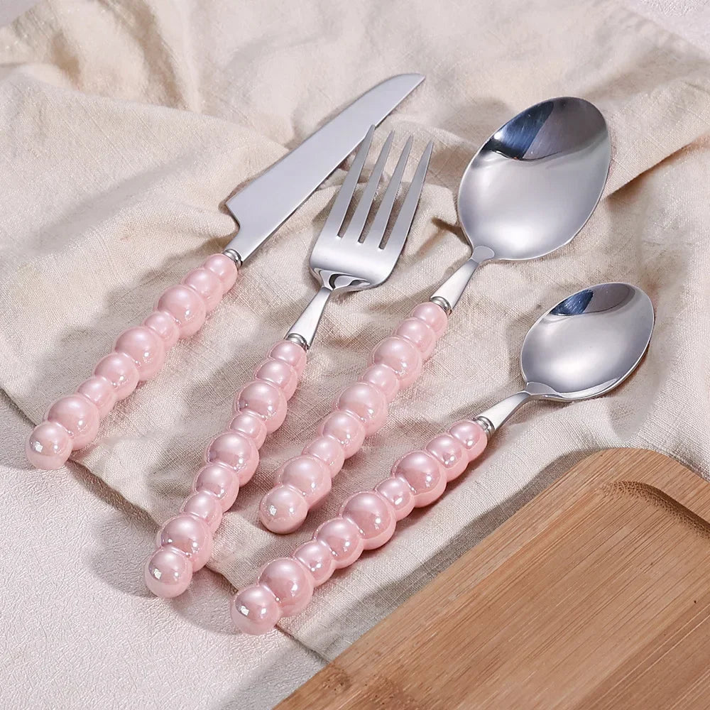 Luxury Ceramic Pearl Handle Cutlery Set — Stainless Steel Spoon and Fork Set