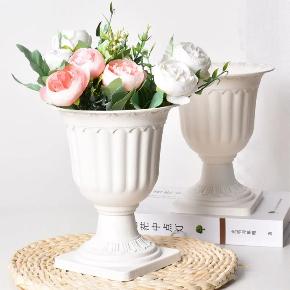 Roman Style Pedestal Flowerpots — Set of 2 White Plastic Planters