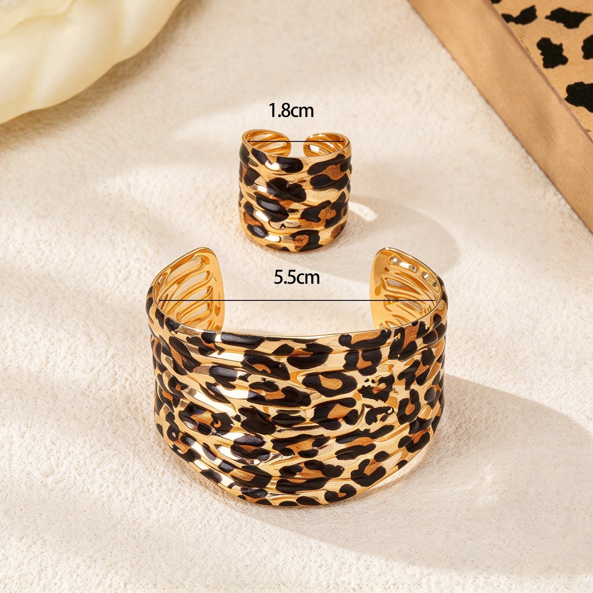 Obega Leopard Print Bangle and Ring Set — Trendy Gold Statement Jewelry