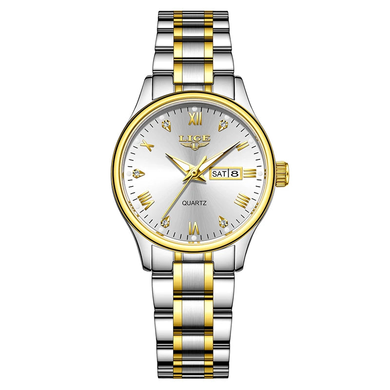 Elegant Women's Quartz Watch — Diamond Dial Stainless Steel Wristwatch