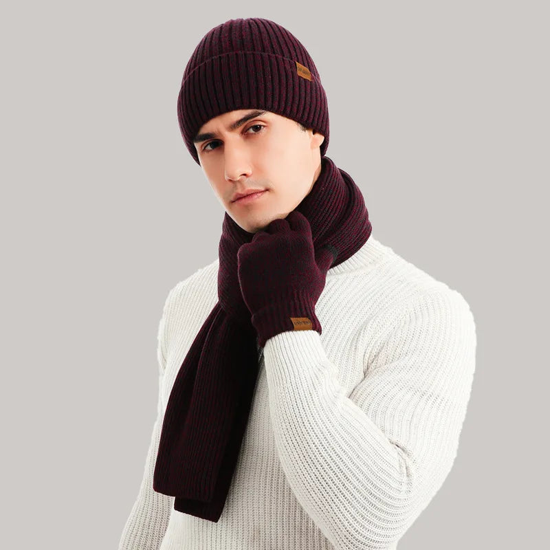 Kinelue Men's Winter Warmth Set — Knitted Beanie, Scarf & Touchscreen Gloves