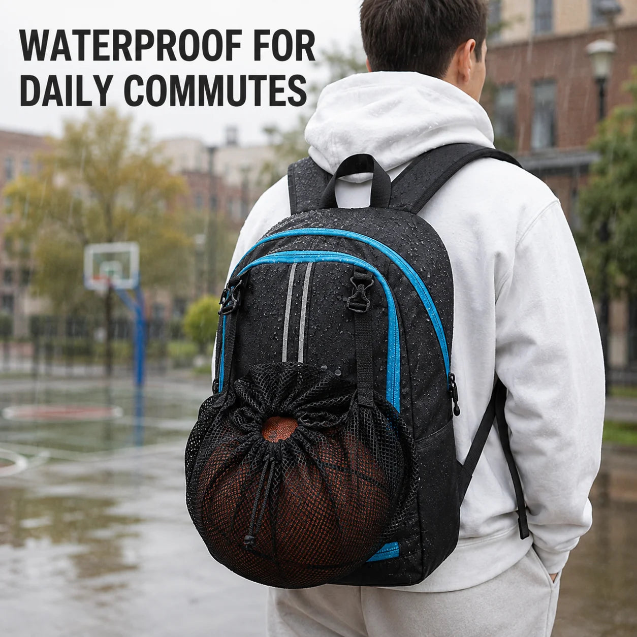 Basketball Backpack — Waterproof Sports Bag with Stowable Ball Holder