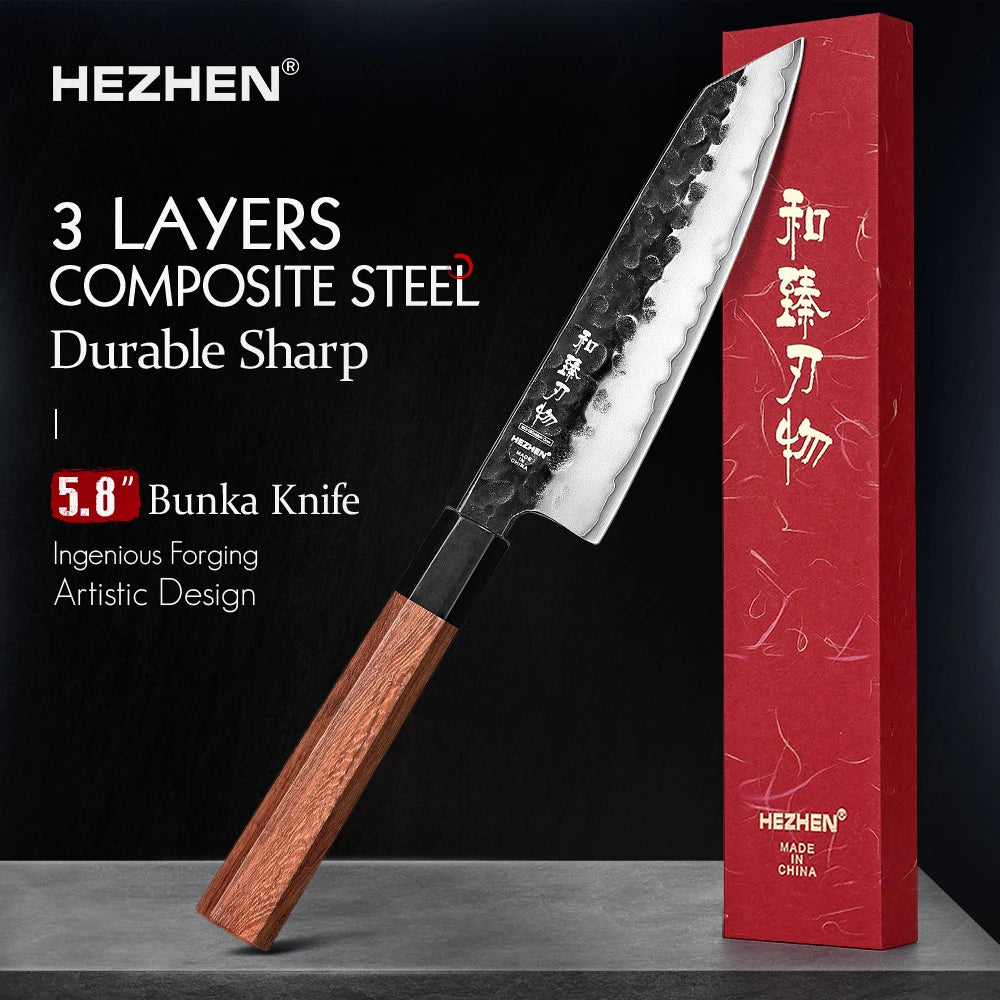 HEZHEN Bunka Knife — 5.8 Inch Professional Chef Knife with Red Wood Handle