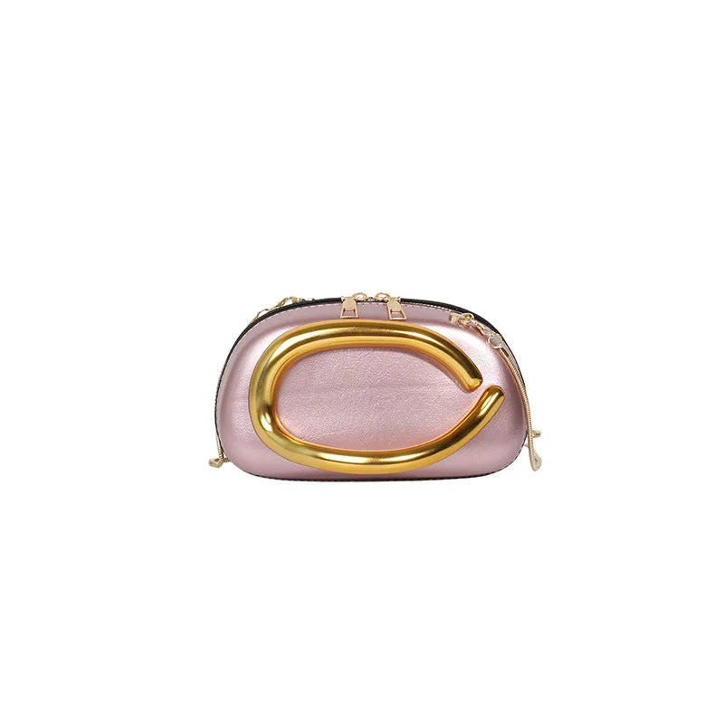 Elegant Round Evening Clutch — Metal Handle Crossbody Bag with Chain Strap