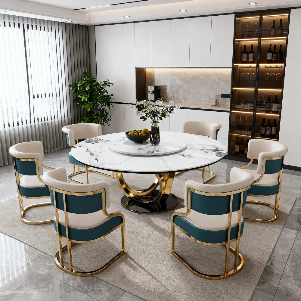 59 Inch Round Sintered Stone Dining Set — Rotating Lazy Susan & Gold Frame