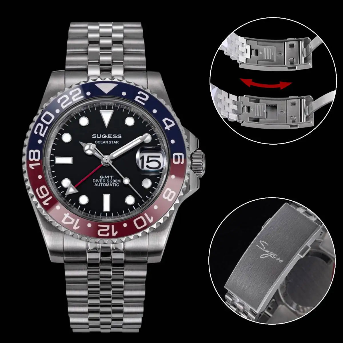 SUGESS GMT Diving Watch — Automatic Mechanical Peacock Movement