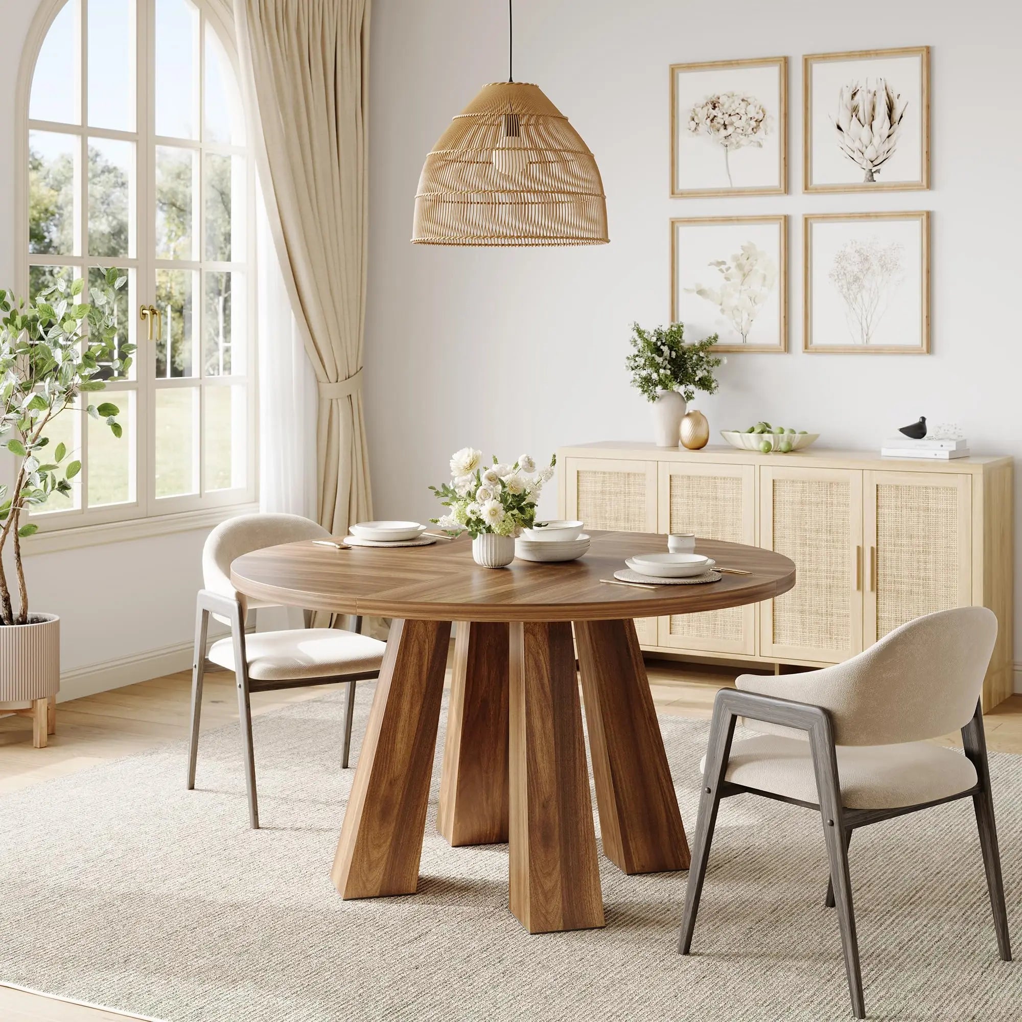 HiMISS 47 Inch Round Dining Table — Farmhouse Herringbone Wood Top