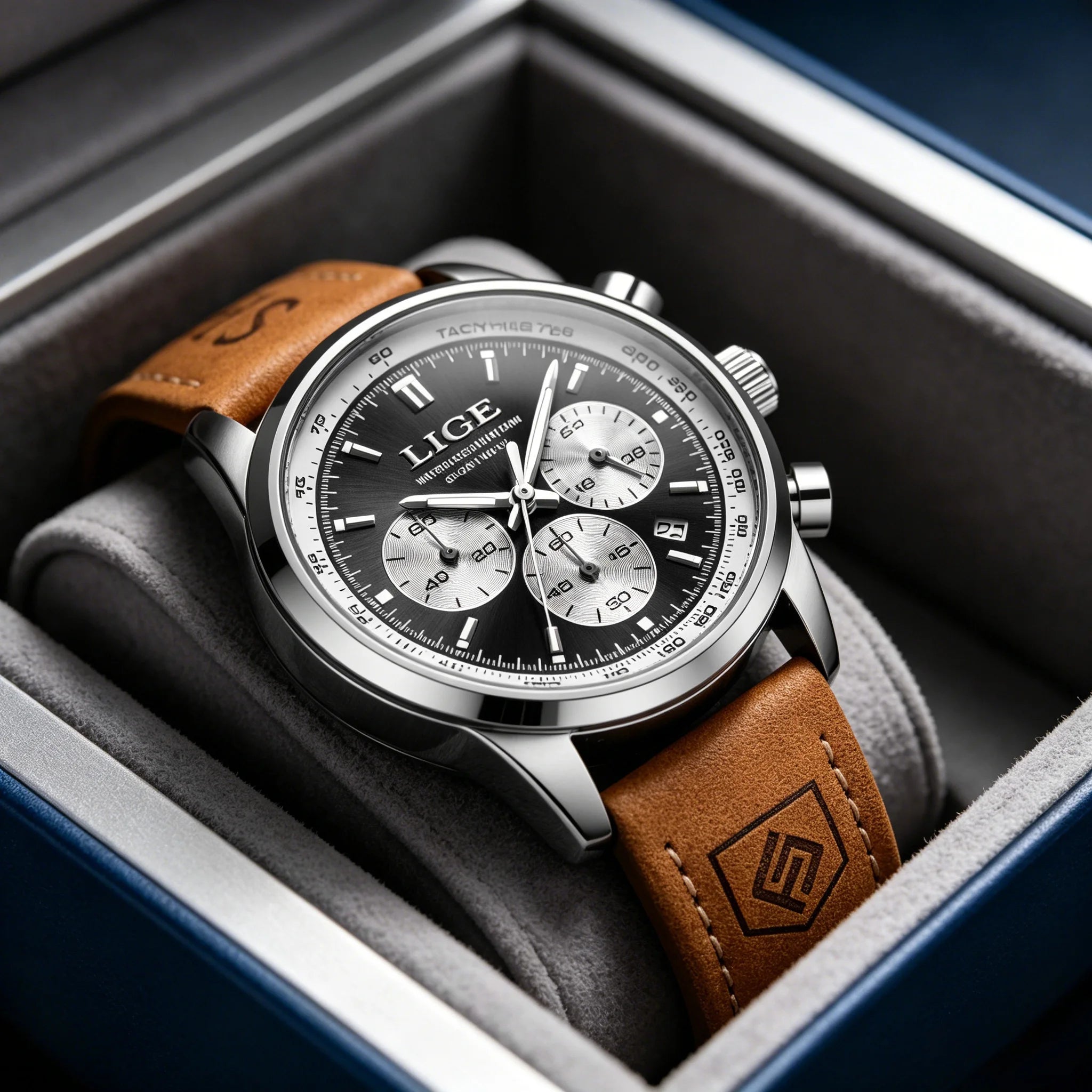 LIGE Men's Business Quartz Watch — Genuine Leather Chronograph Wristwatch