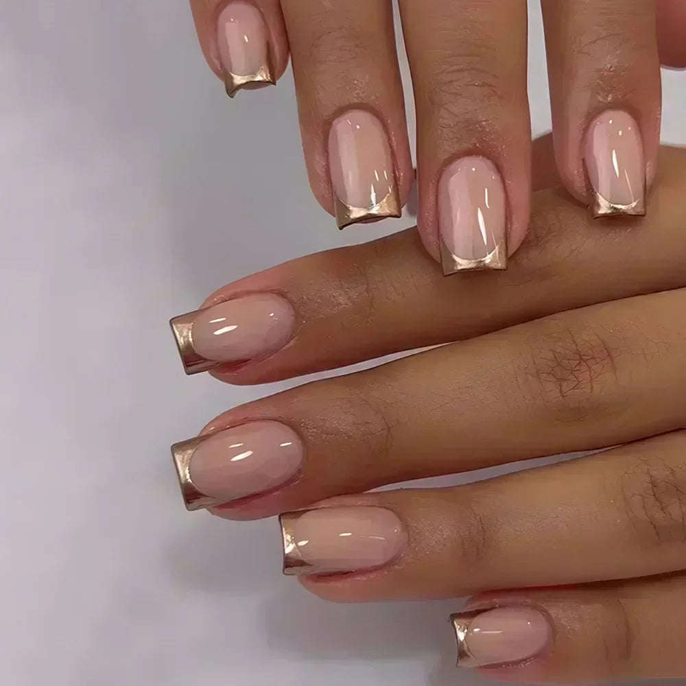Qsezeny French Tip Press On Nails — Short Coffin Style Frosted Fake Nails