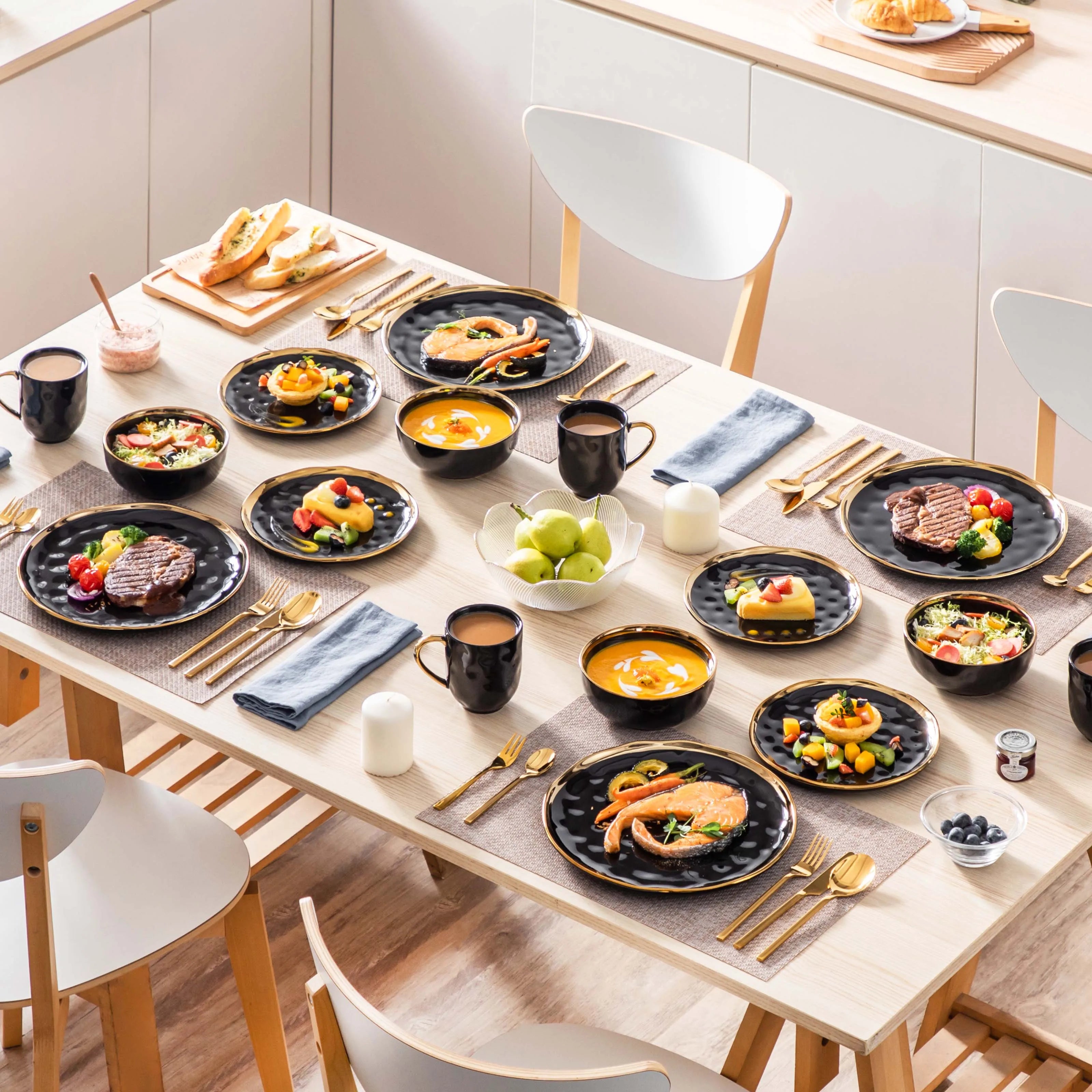 MALACASA Black Porcelain Dinnerware Set — Elegant Gold Trim Tableware