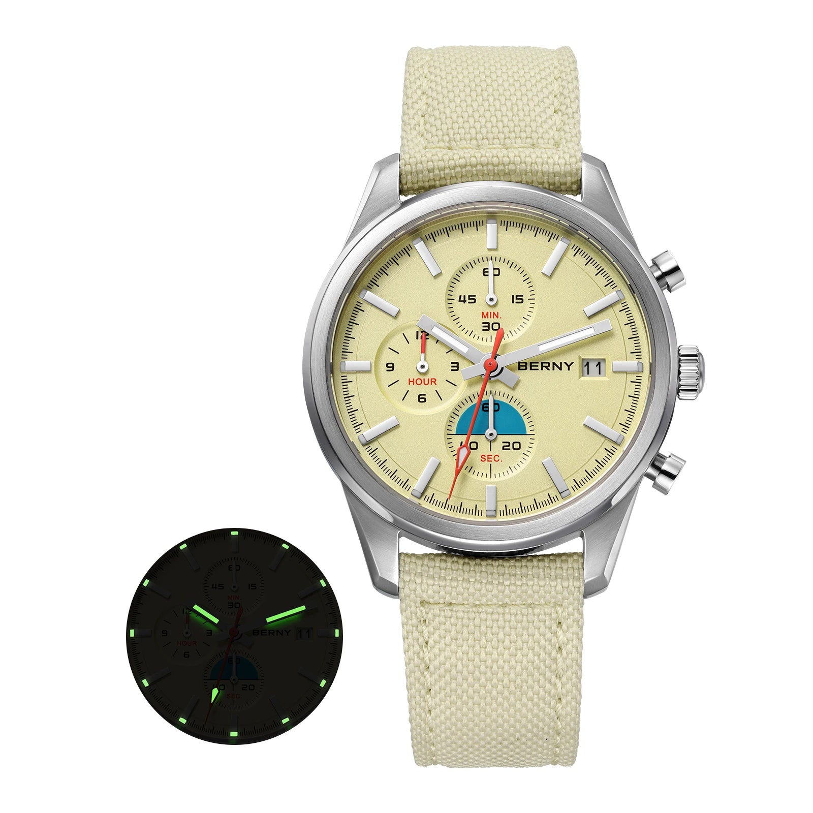 BERNY Chronograph Quartz Men's Watch — Luminous Sport Design with Sapphire Crystal