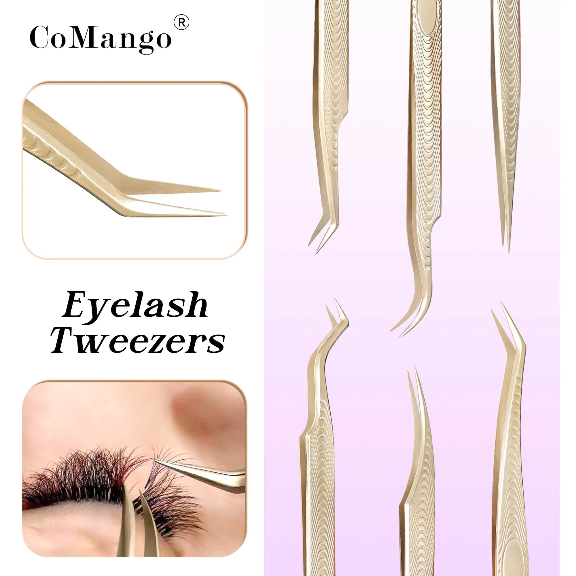Gold Stainless Steel Eyelash Extension Tweezers — Anti-Slip Wood Grain Design