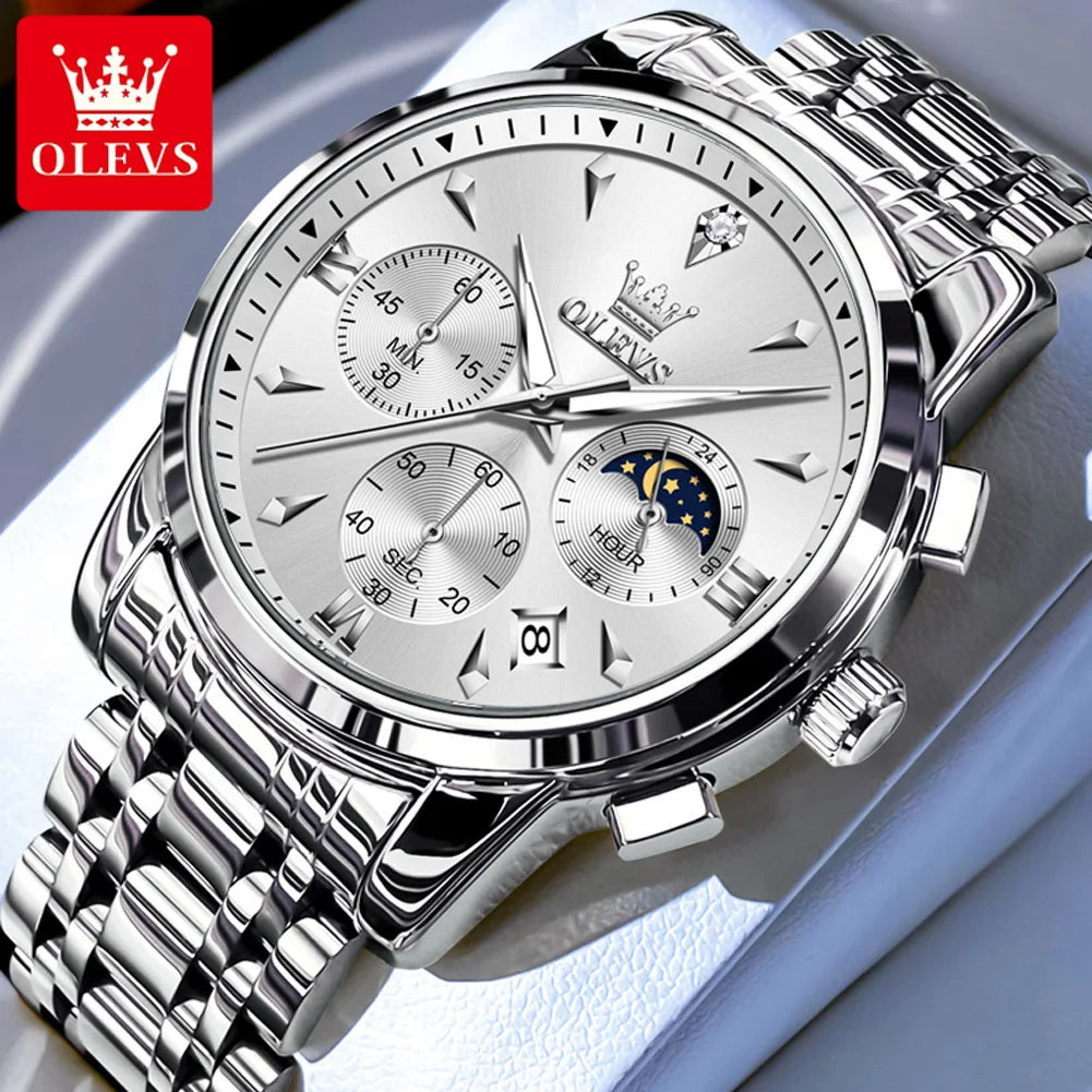 OLEVS 3639 Luxury Quartz Watch — Stainless Steel Moon Phase Men's Timepiece
