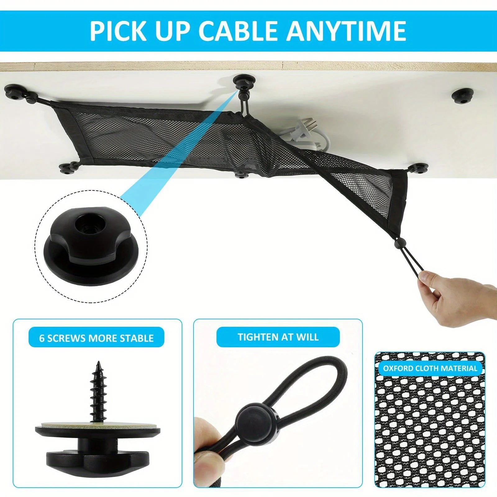 Under Desk Cable Management Net — Flexible Mesh Wire Organizer, Black