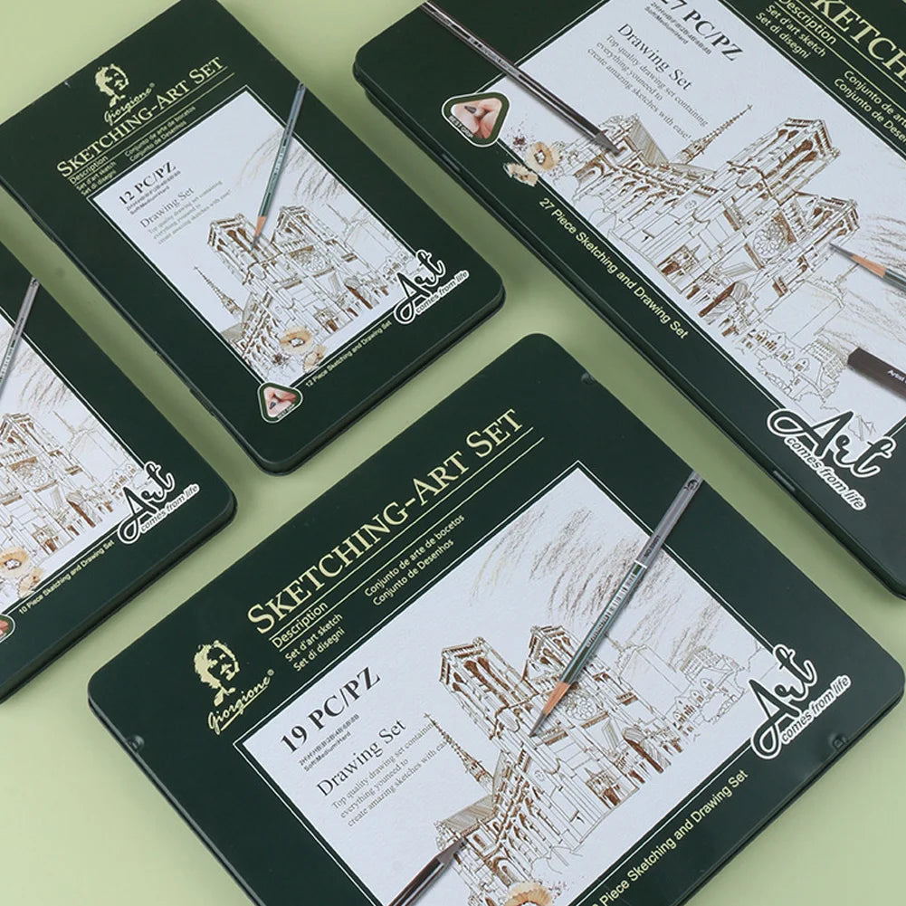 Charcoal Sketching Pencil Set — Professional Art Kit in Portable Green Tin