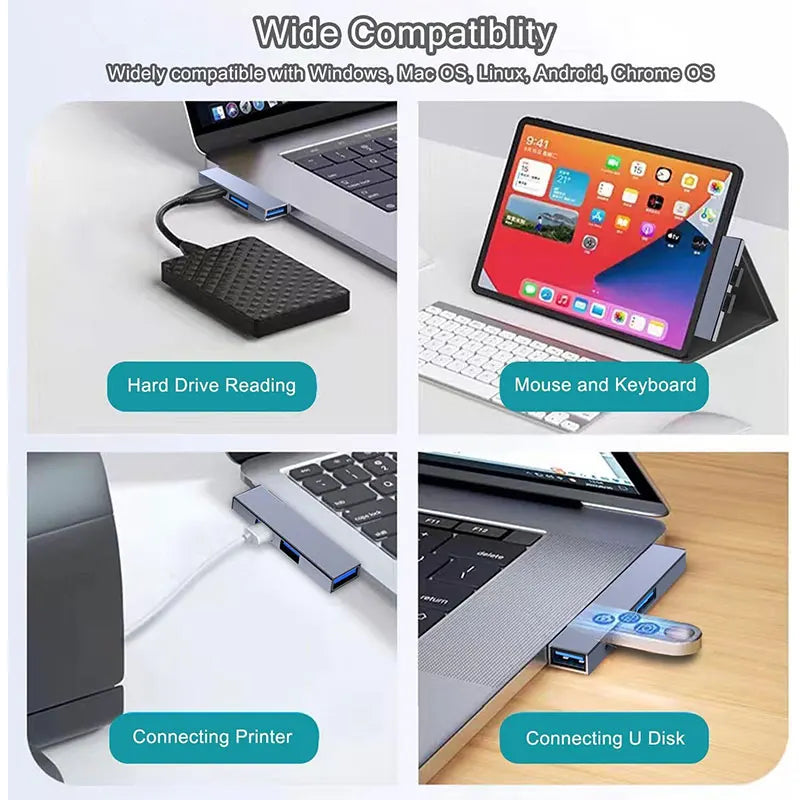 3-Port Aluminum USB Hub — High-Speed Data Splitter for Laptop and PC