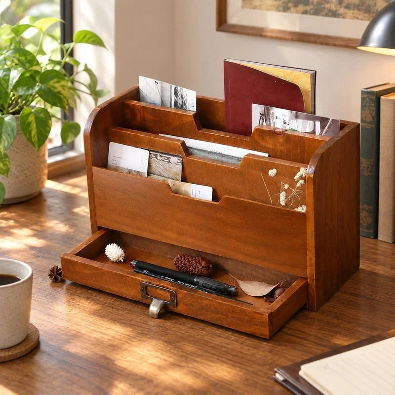 Wooden Multi-Drawer Desk Organizer — Retro Style Storage for Office & Home
