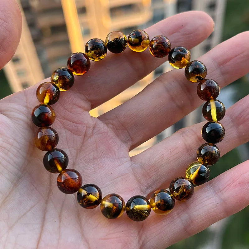 Yoowei Natural Baltic Amber Bracelet — Round Piebald Gemstone Jewelry