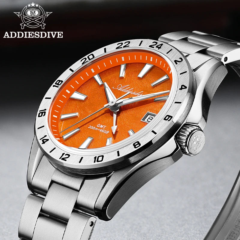 ADDIESDIVE Luxury GMT Watch — Dual Time Zone 38mm Stainless Steel