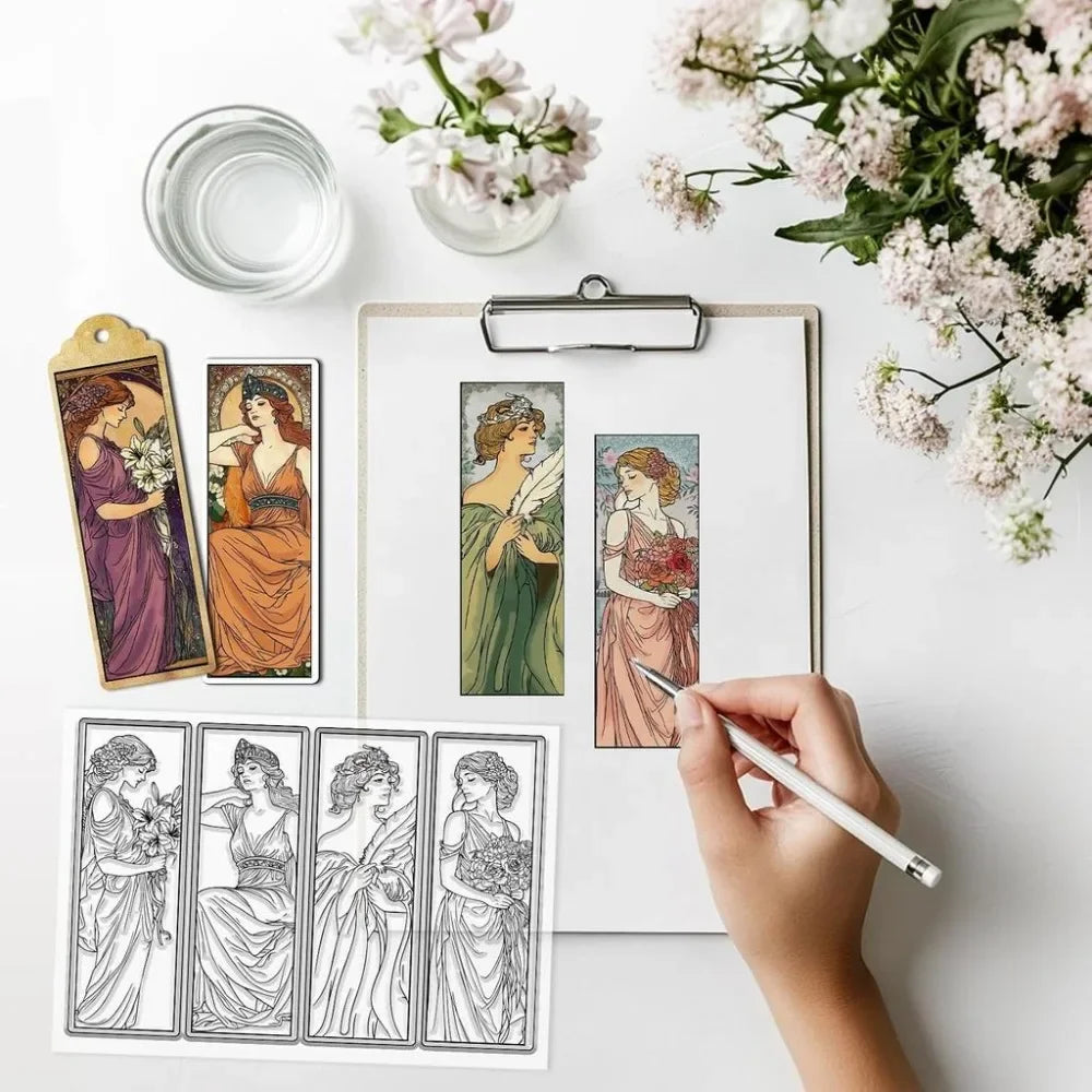 Vintage Woman Clear Stamp Set — Floral Bookmark Designs for Scrapbooking