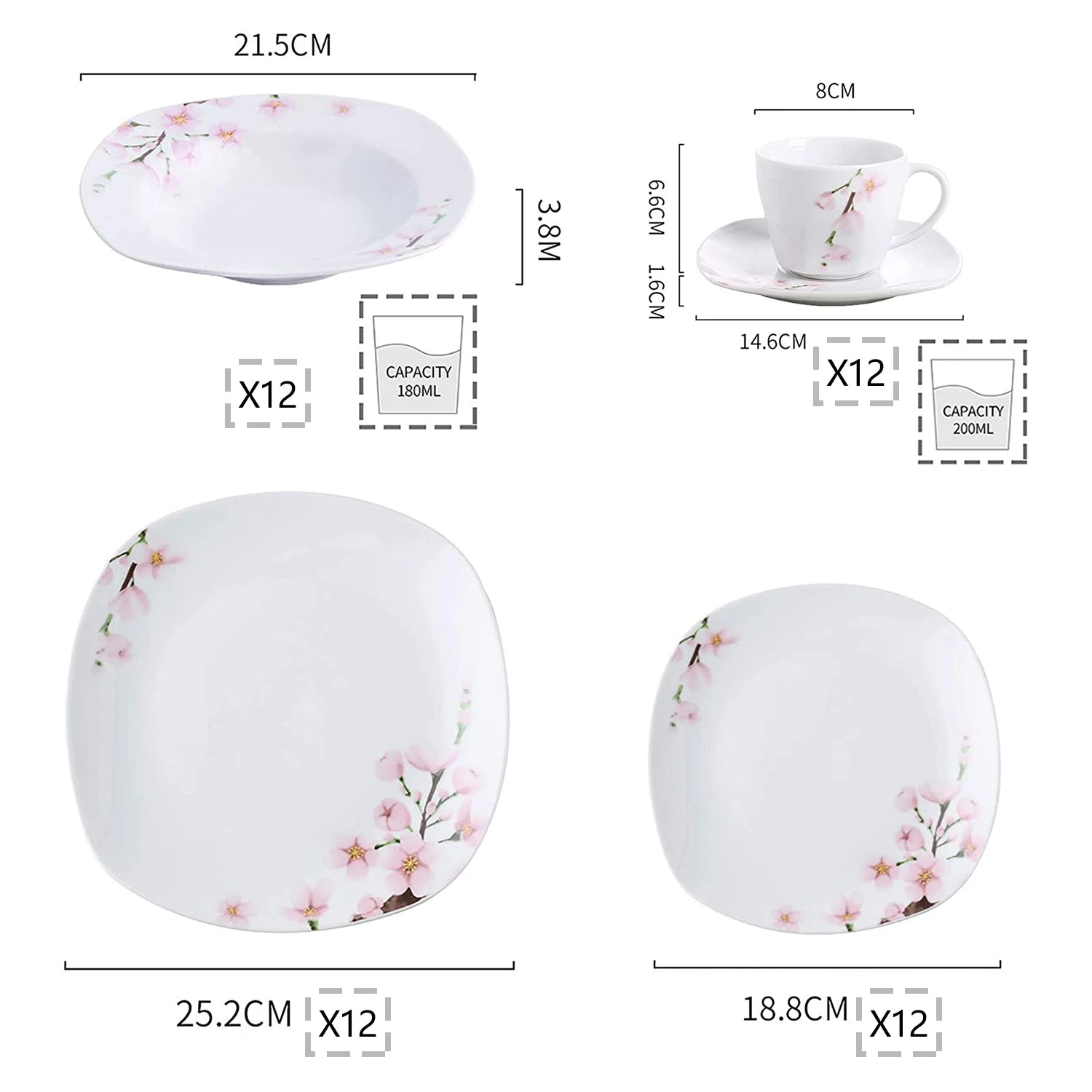 MALACASA Pink Floral Porcelain Dinnerware Set — 60-Piece Elegant Dining Collection