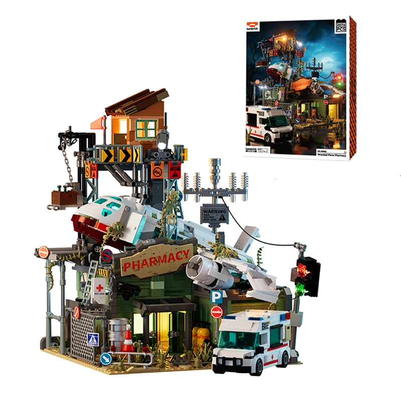 Wrecked Plane Pharmacy Building Blocks Set — 2076PCS DIY City Street Model