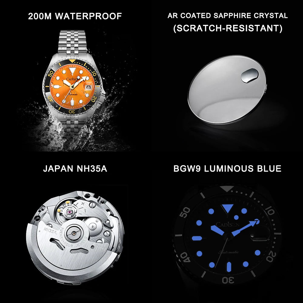 Cadisen 2026 Automatic Mechanical Watch — Luminous Diver with Ceramic Bezel