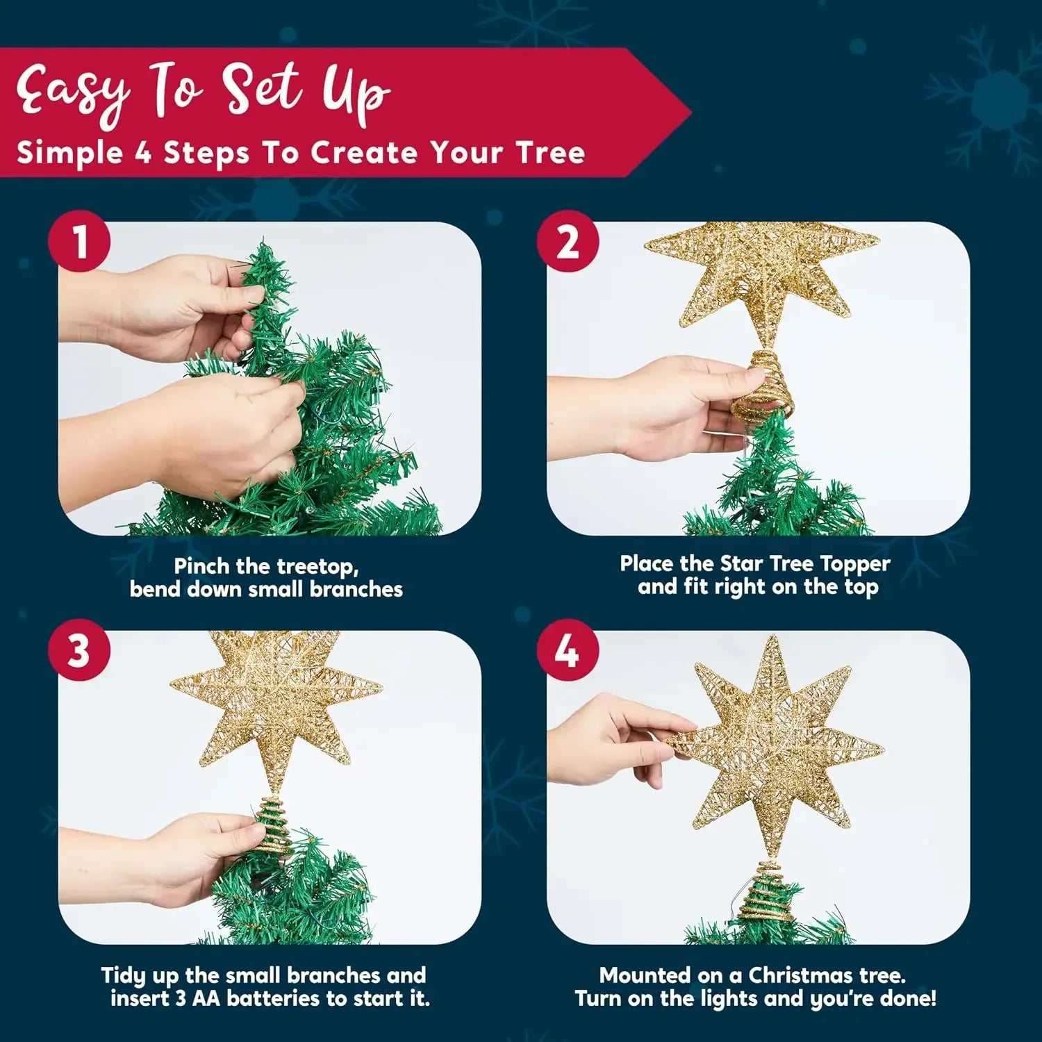Golden 8-Point Star Christmas Tree Topper — LED Glitter Treetop Decor