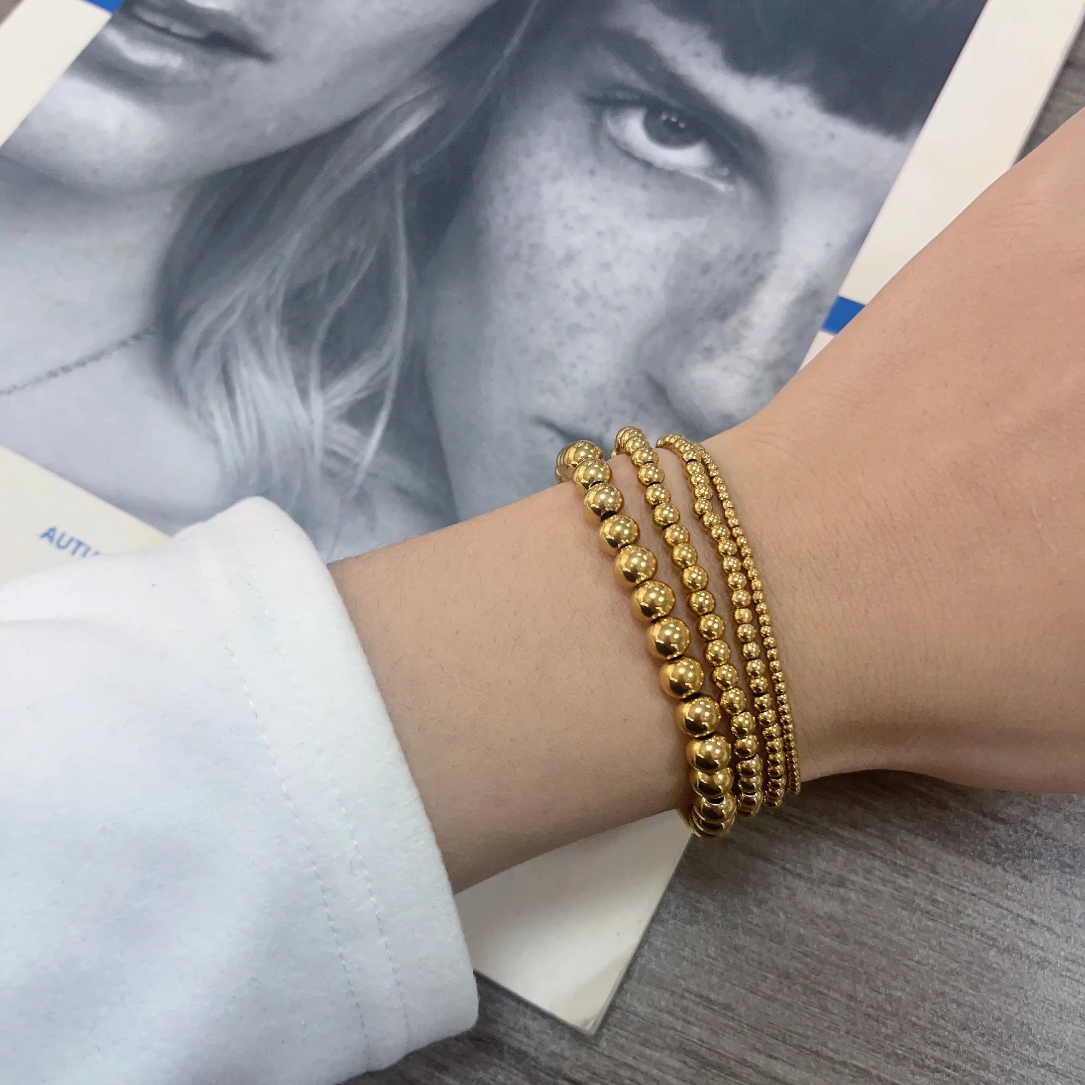 MHS.SUN Stainless Steel Beaded Bracelet — Gold Plated Stackable Jewelry