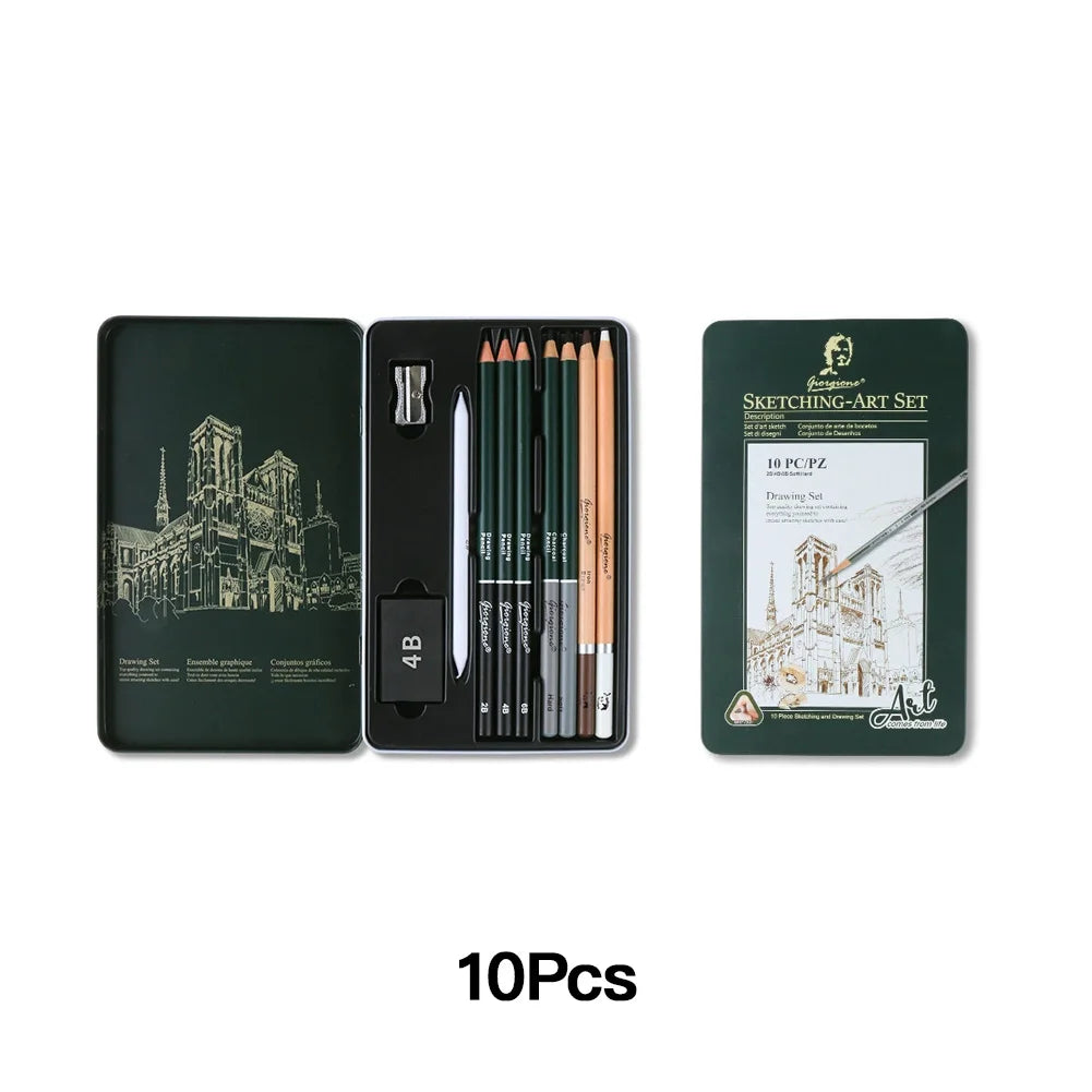 Charcoal Sketching Pencil Set — Professional Art Kit in Portable Green Tin