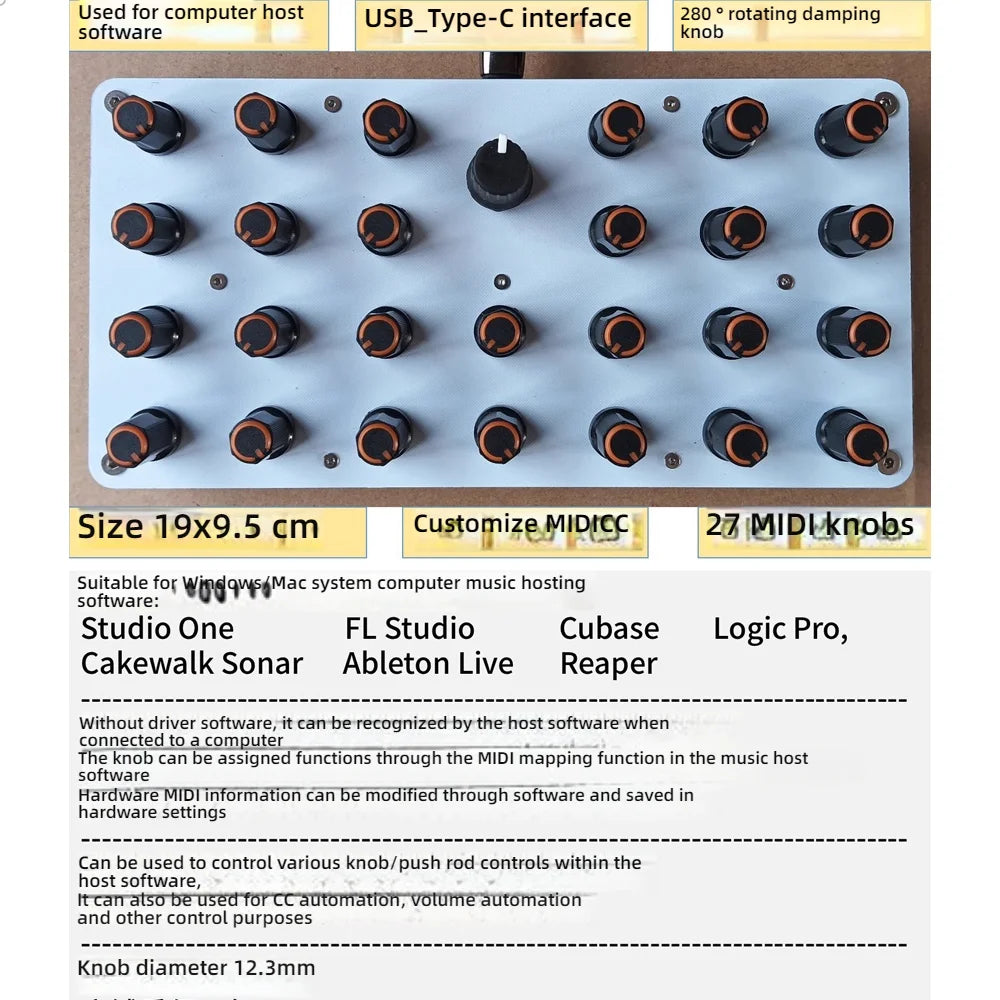 27-Knob MIDI Controller — USB-C Music Software Interface