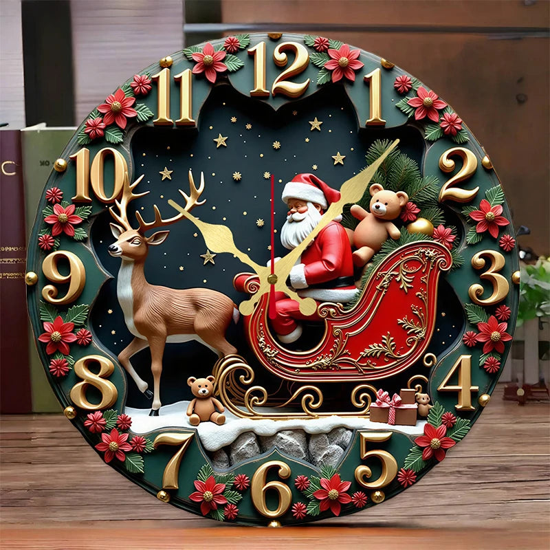 Wooden Santa and Reindeer Wall Clock — Silent Hanging Holiday Decor