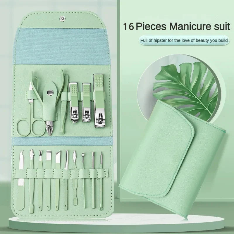 Professional 16-Piece Manicure Set — Stainless Steel Grooming Kit with Leather Case