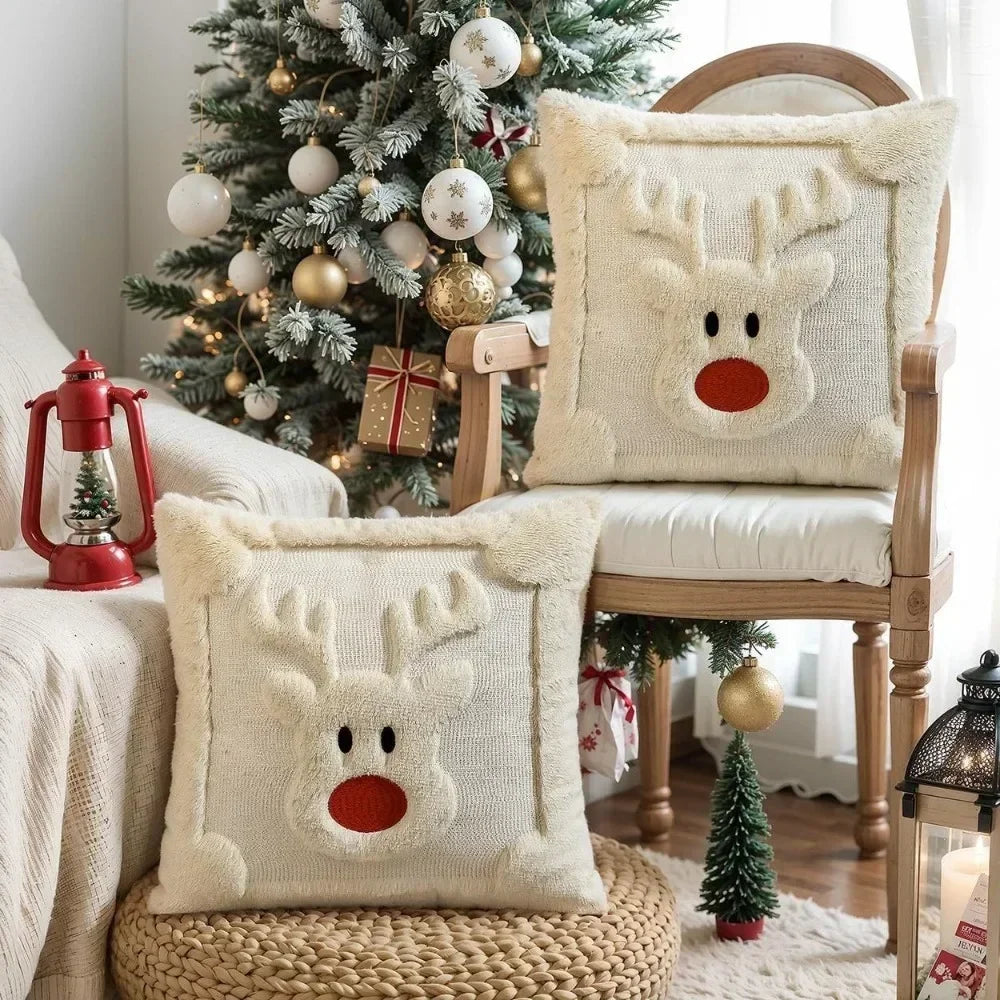 Fluffy Reindeer Cushion Cover — Soft Embroidered Holiday Pillow Slip