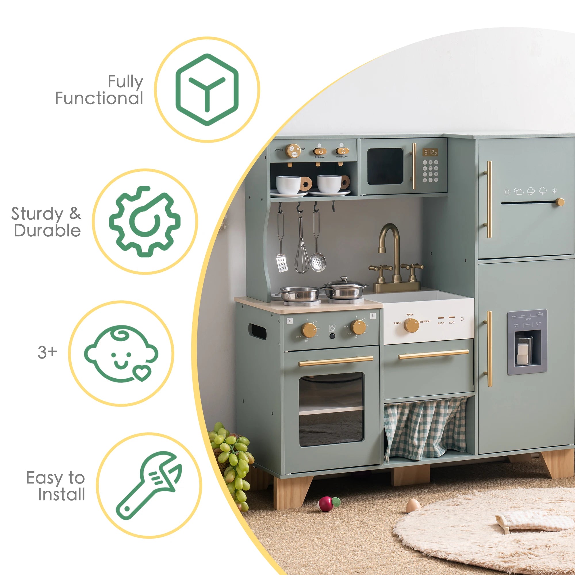 Robud Wooden Play Kitchen Playset — Bean Green Pretend Play Toy for Kids