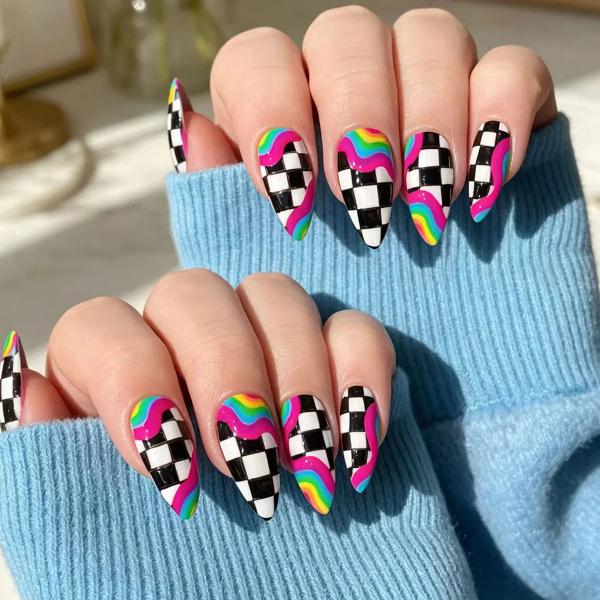 Stylebon Press-On Nails — Short Almond Checkerboard & Neon Design