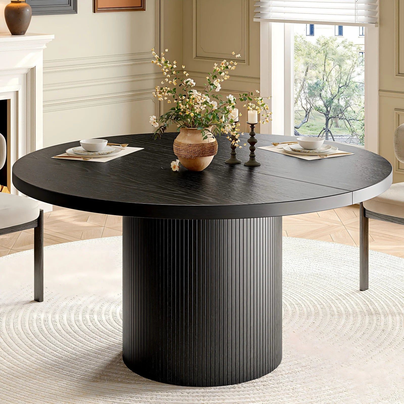 ONBRILL Round Fluted Dining Table — Modern 47 Inch Wood Kitchen Table