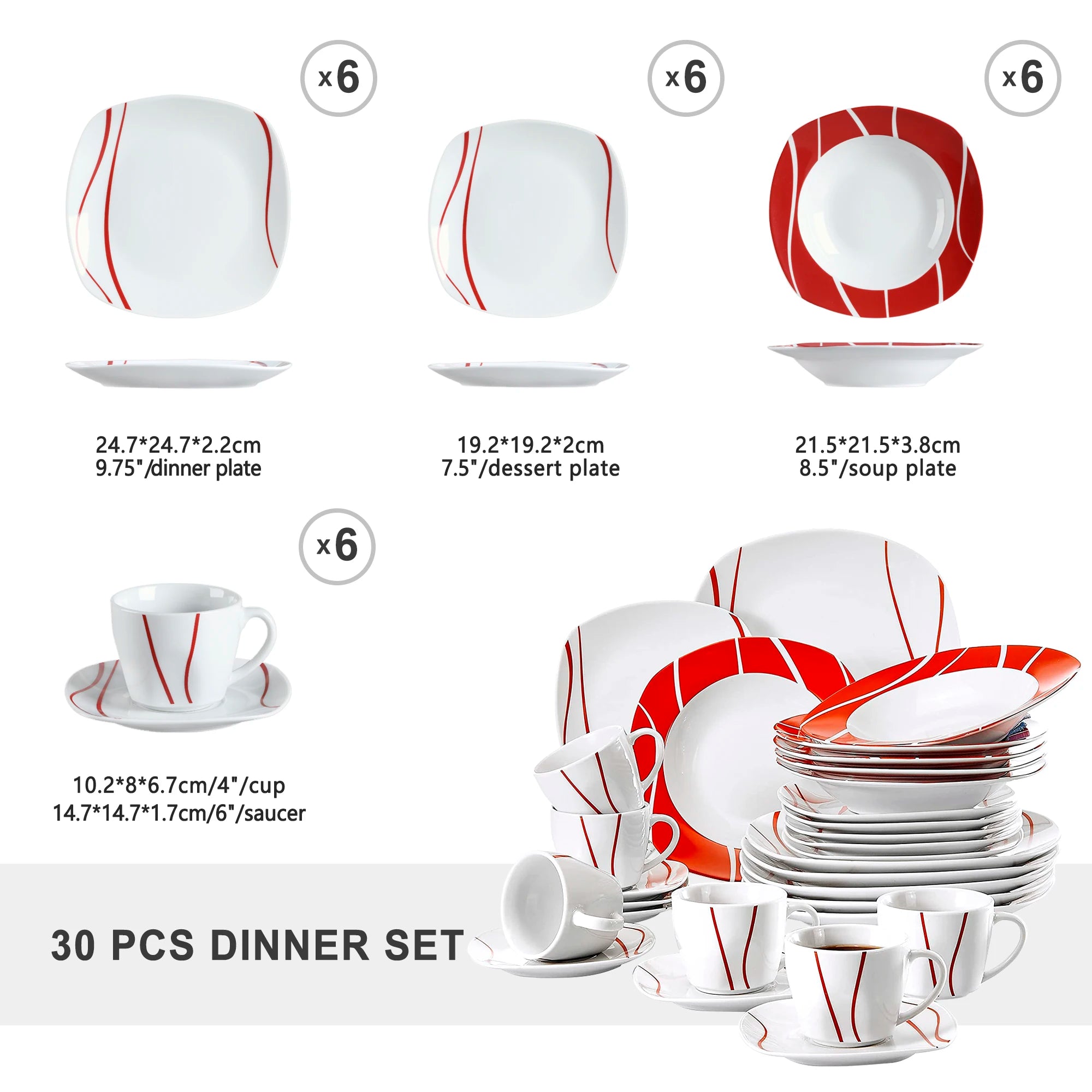 MALACASA Felisa 30-Piece Dinnerware Set — Ivory White Porcelain with Red Stripes