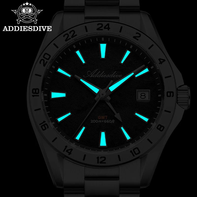 ADDIESDIVE Luxury GMT Watch — Dual Time Zone 38mm Stainless Steel