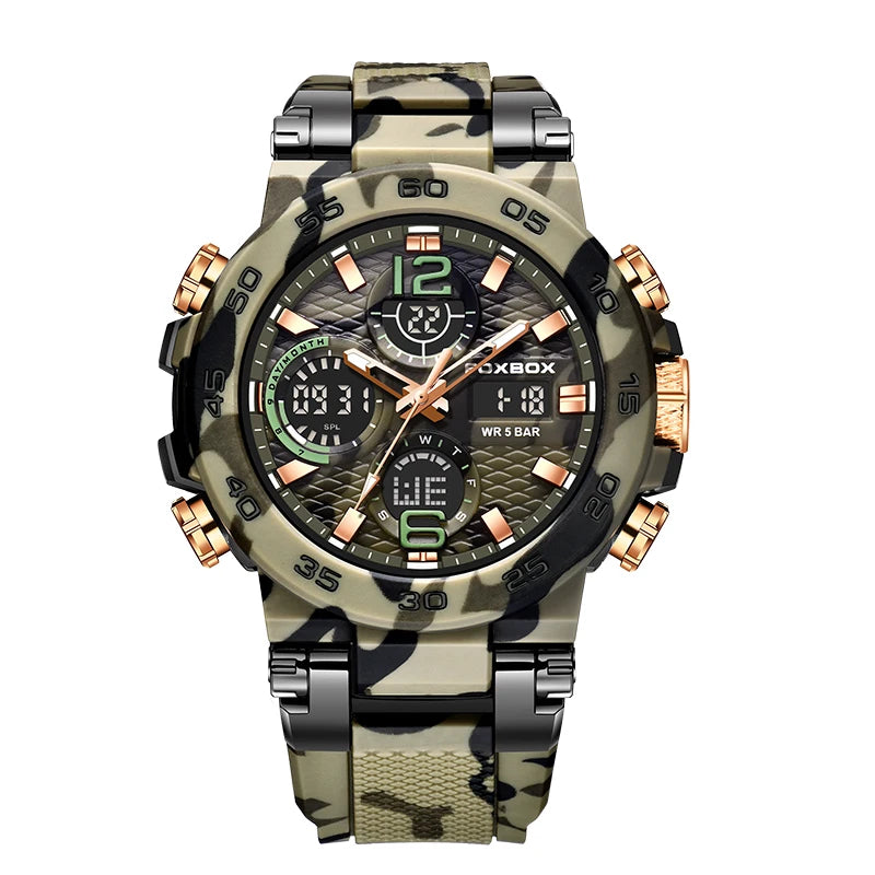 foxbox Men's Military Sports Watch — Waterproof Dual Display Quartz Timepiece