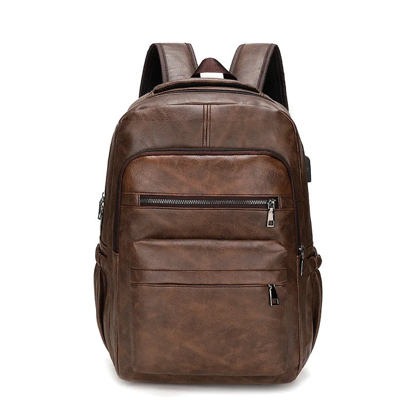 Men's PU Leather Laptop Backpack — Large Capacity Schoolbag with USB Charging