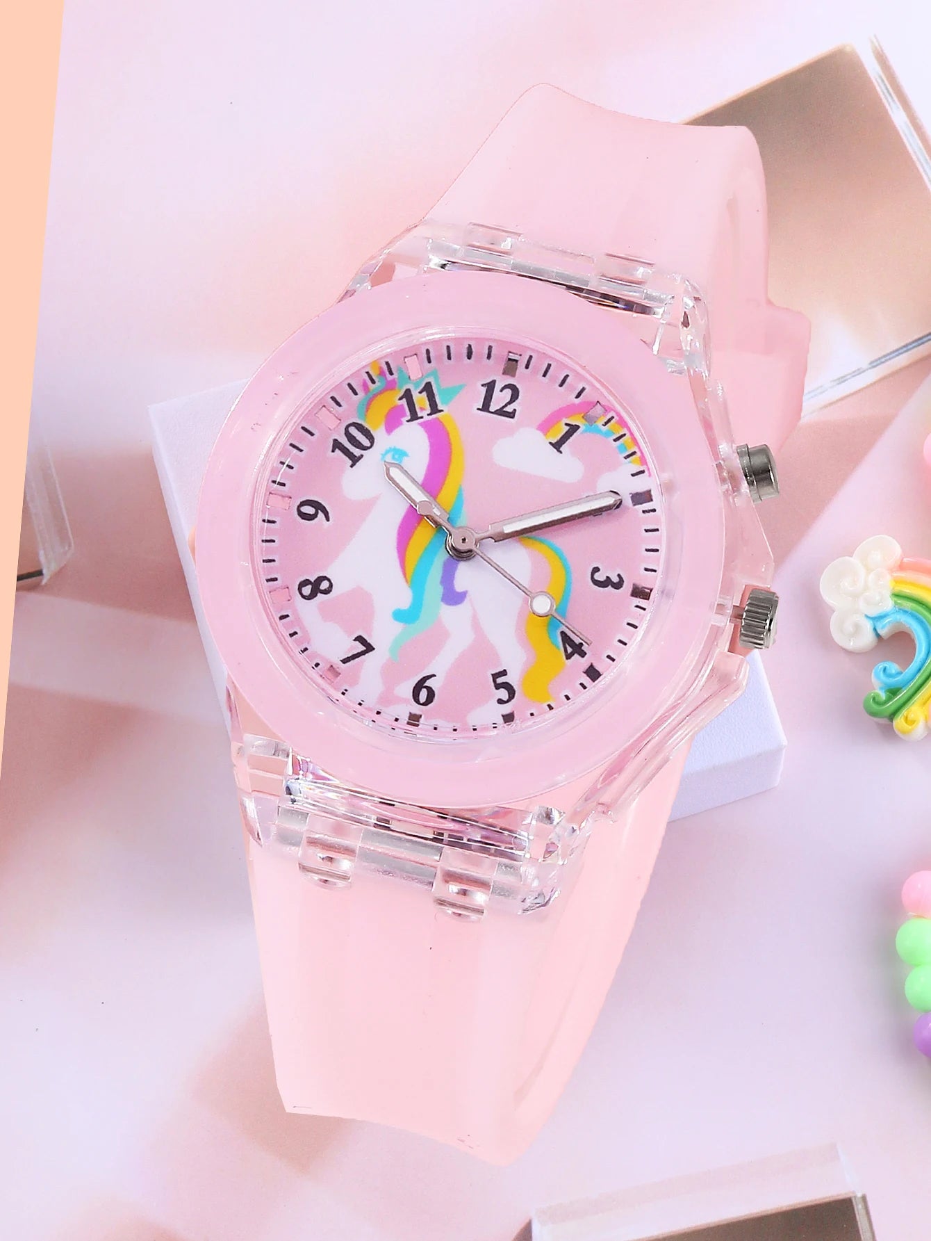 Unicorn Children's Watch Set — Light-Emitting Quartz Watch & Feather Bracelet