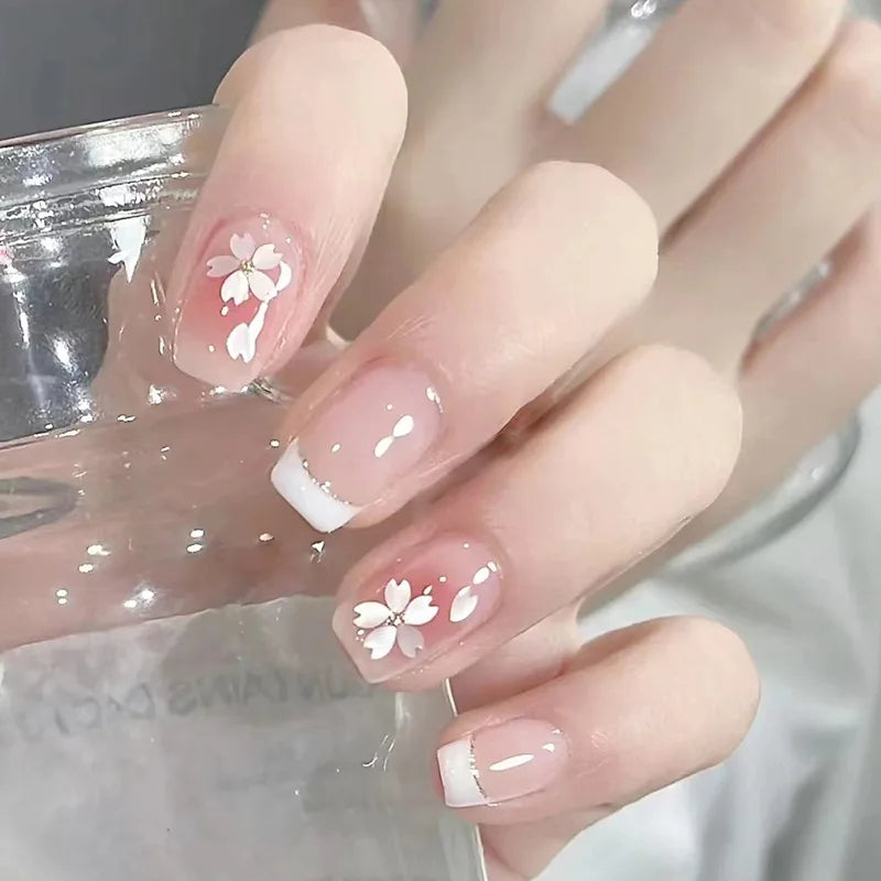 Pink Floral Press-On Nails — Short Almond French Tip Fake Nail Set