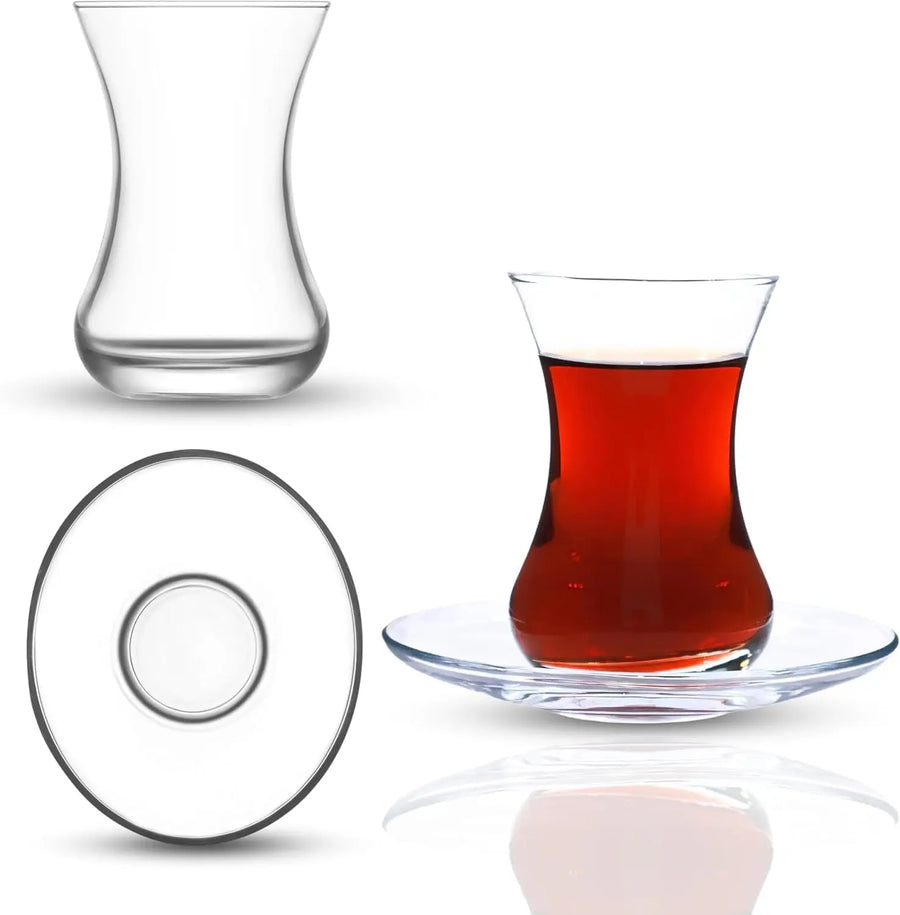 Turkish Tea Glass Set with Saucers — Tulip-Shaped Clear Glass Cups