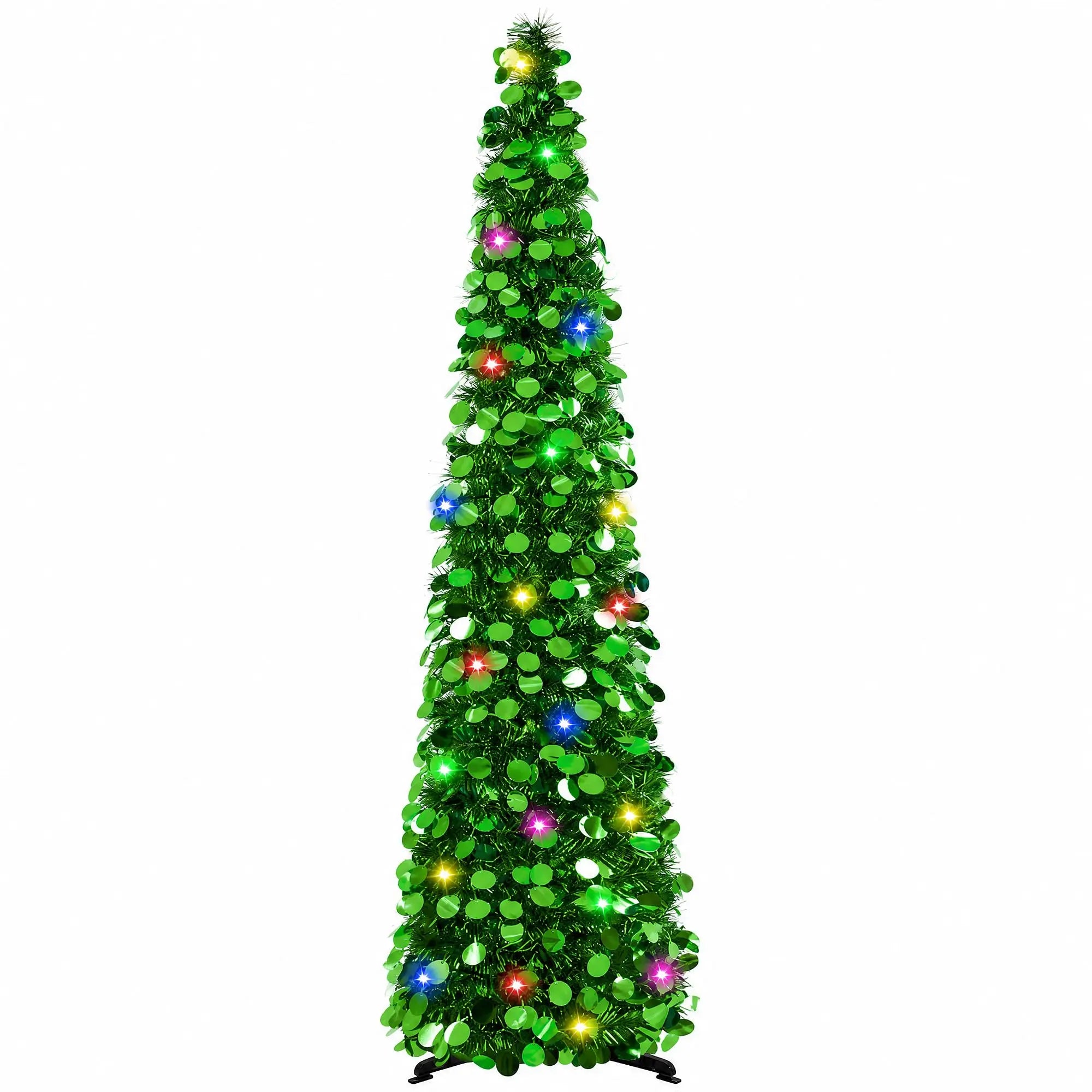 HiMISS 5ft Pre-Lit Pop Up Christmas Tree — Slim Tinsel Pencil Design